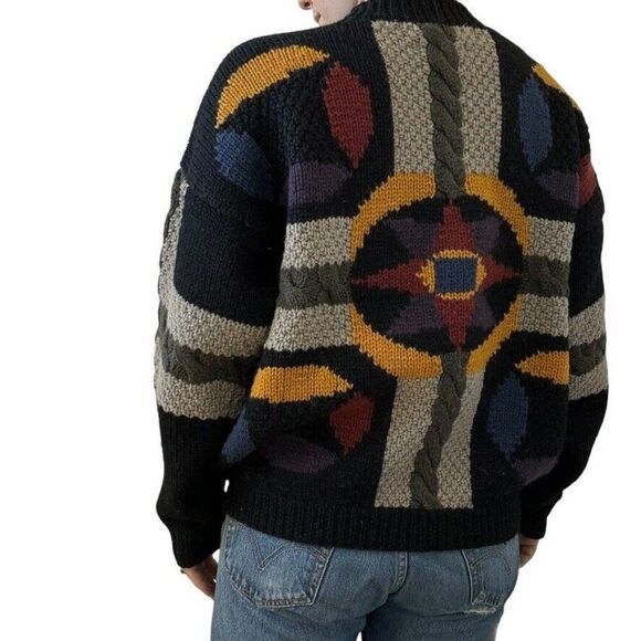 Vintage 1990s Hand Knit 100% Wool Geometric Oversized Chunky Crewneck Sweater - Picture 7 of 7